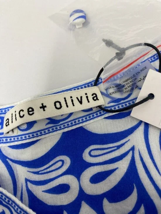 Alice + Olivia April Soiree True Blue Printed Cotton Blouse Large NWT $375 - Picture 9 of 12